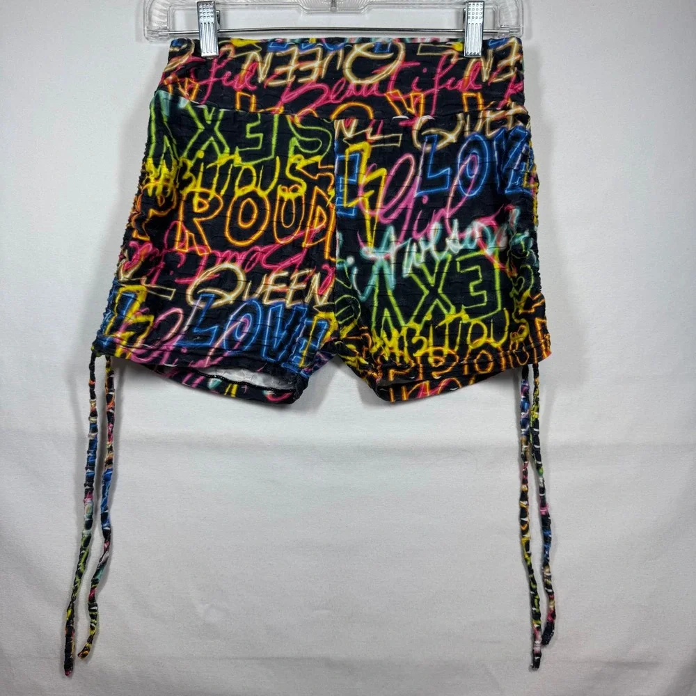 Neon Graffiti Print Shorts Festival Rave Drawstring High Waist Y2K Sz S/M No Tag